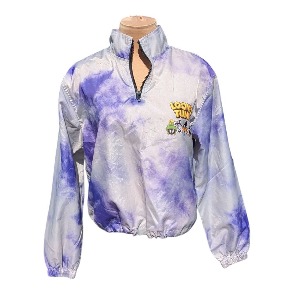 Looney Tune Windbreaker Youth Small 1/4 Zip Purple & White Graphic Jacket Y2K